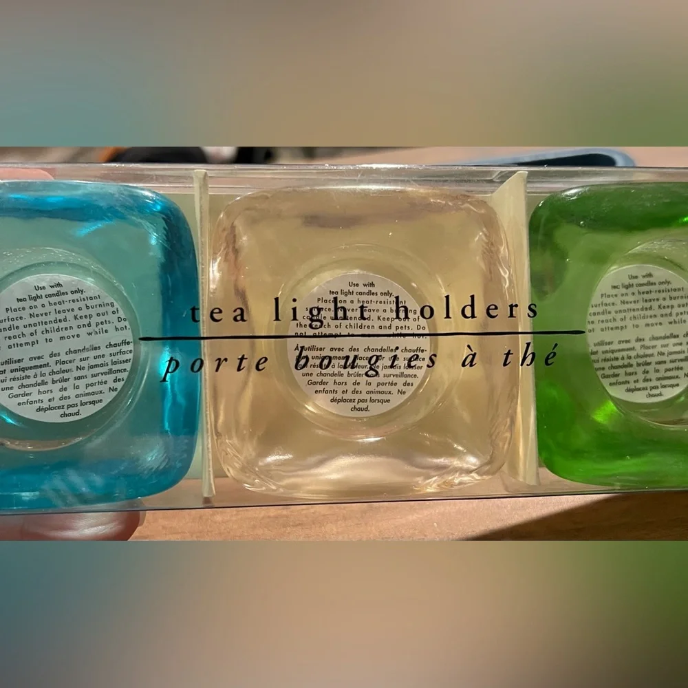 VTG Set of 3 Pier 1 Imports Glass Tea Light Holders Blue Pink Green NIB